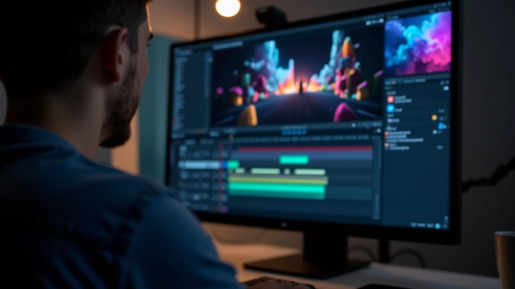 Tela de computador mostrando software de edição com timeline de animação e camadas de projeto