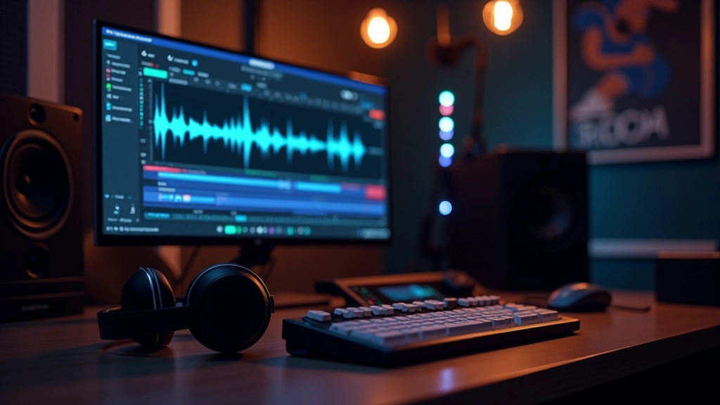 Editor de áudio com waveform de trilha sonora profissional, mostrando camadas de música e efeitos sonoros sincronizados com animação