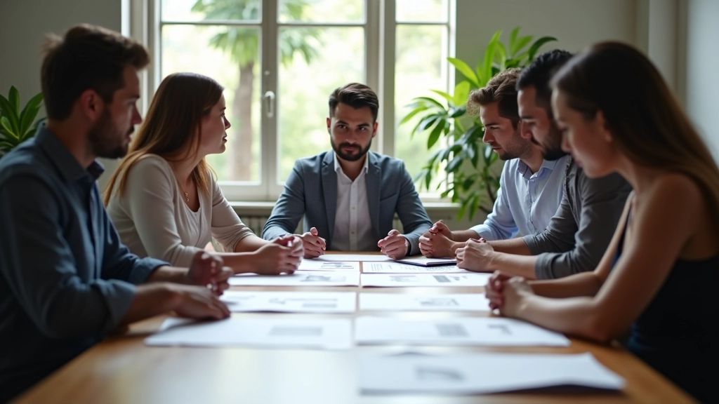 Ambiente de trabalho em agência criativa com equipe de designers discutindo projetos ao redor de mesa com mockups
