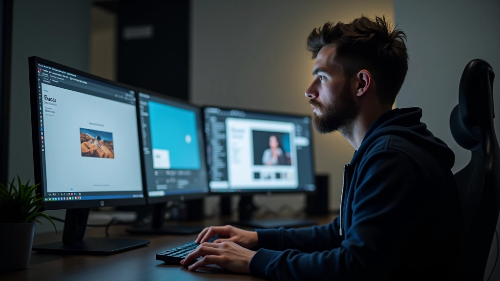 Designer analisando diferentes plataformas de portfólio em múltiplos monitores, comparando interfaces e layouts
