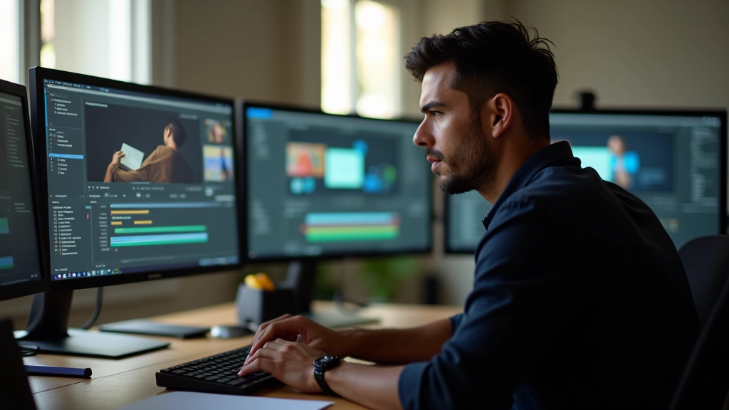 Designer trabalhando em software de motion design com múltiplas camadas e timeline visível na tela