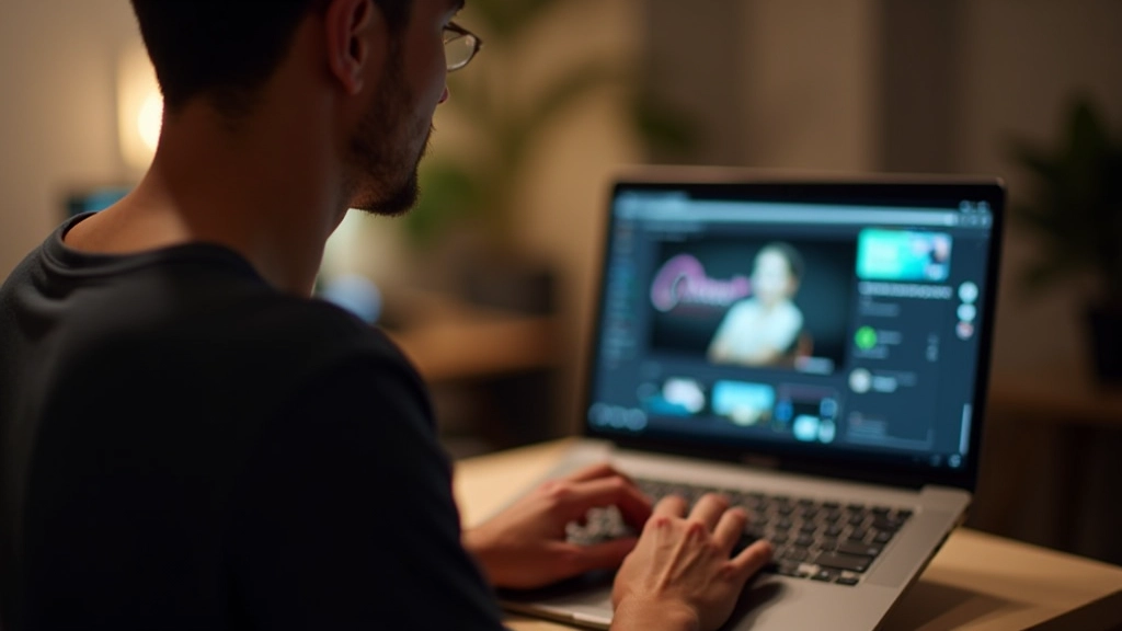 Apresentação de portfólio em laptop com projetos de motion design em tela, ambiente profissional de agência criativa