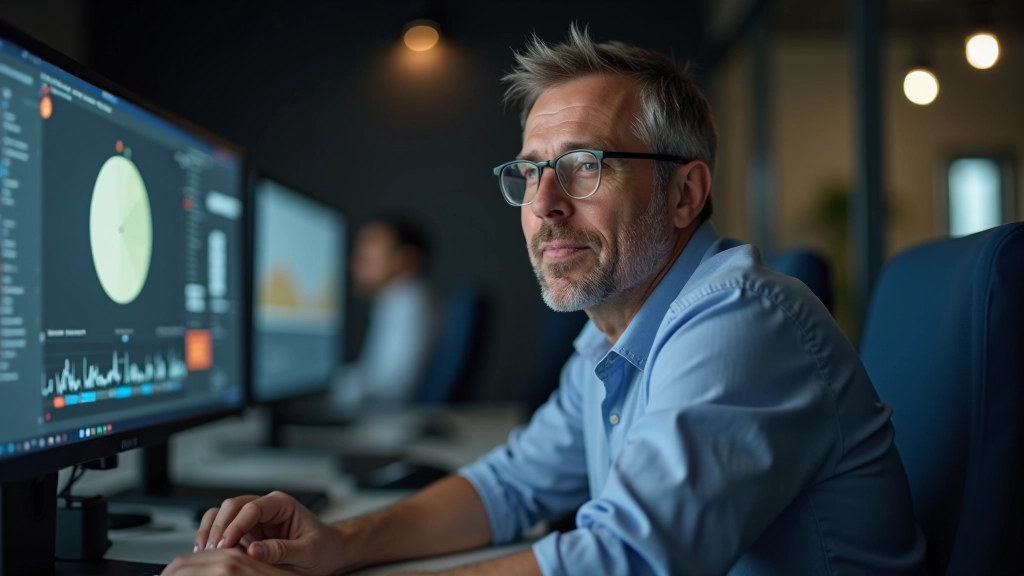 Diretor criativo em ambiente de agência, analisando projetos em monitor grande com equipe ao fundo