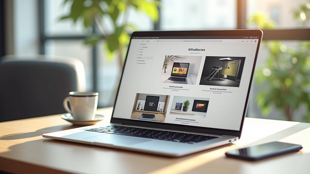 Mockup de website de portfólio bem estruturado com tipografia clara, imagens grandes de projetos e navegação minimalista