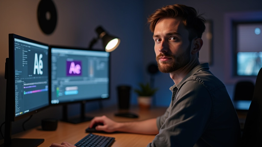Motion designer trabalhando em estação de trabalho com múltiplos monitores, Adobe Creative Suite aberto, studio de animação profissional com boa iluminação