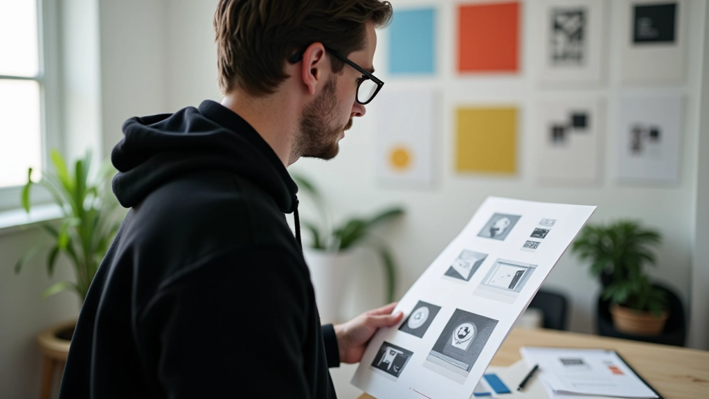 Designer analisando storyboard e timeline de projeto de animação em mesa de trabalho com referências visuais