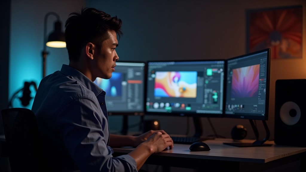 Profissional de motion design trabalhando em estação criativa com múltiplos monitores e equipamento de áudio