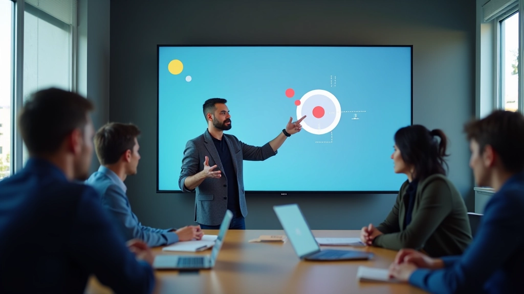 Apresentação profissional em tela grande com projeto de motion design em ambiente de agência criativa
