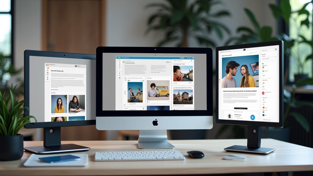 Interfaces de Behance, website personalizado e Instagram lado a lado em um computador, mostrando diferenças visuais e de funcionalidade